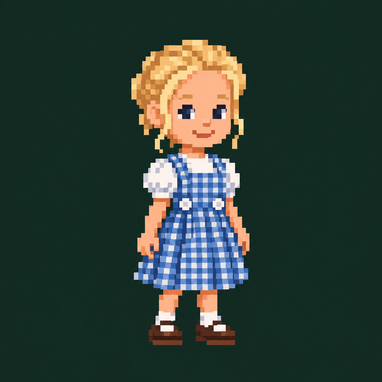 Shaylee’s illustrated reference: blonde hair, a blue-and-white gingham dress and brown shoes